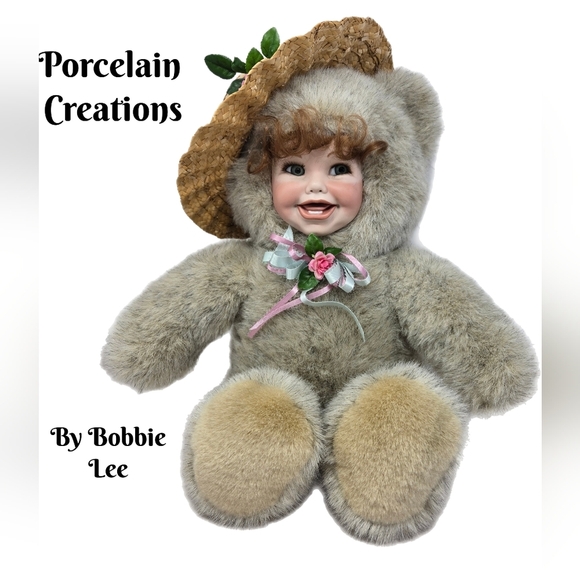 Porcelain Creations Bear Doll by Bobby Lee Stuffed Bear Baby Porcelain Face - Picture 1 of 13